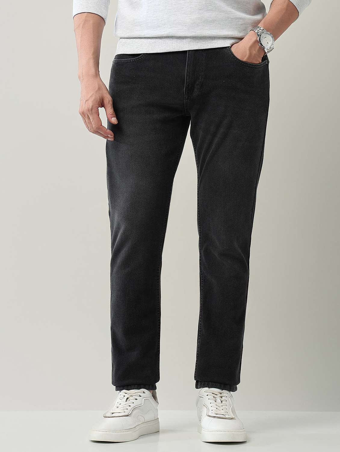 men washed high rise full length jeans