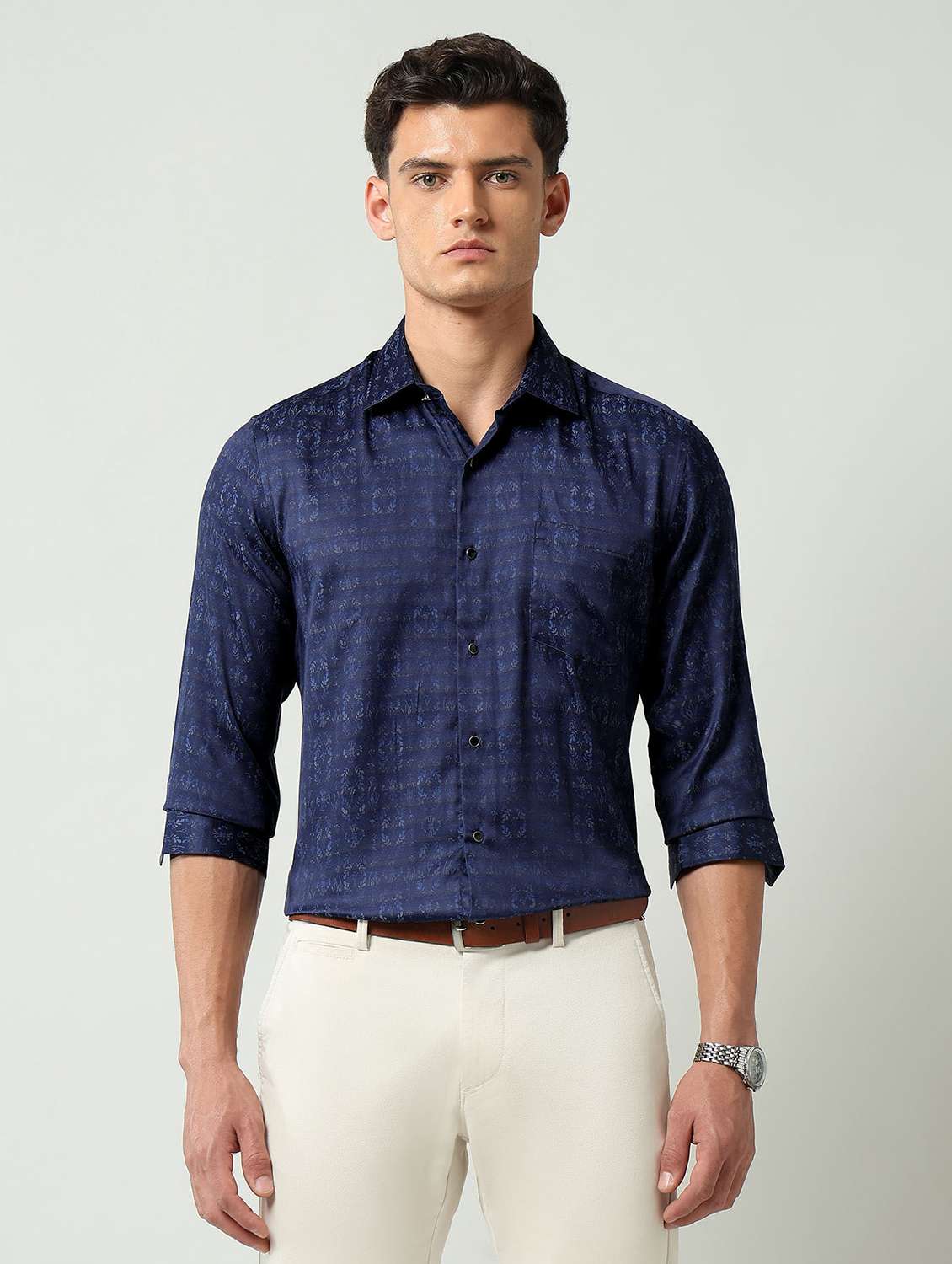 men printed long sleeve slim fit formal shirt