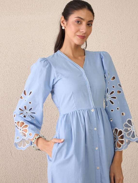 women solid puff sleeve schiffli shirt dress - 22231463 -  Standard Image - 3
