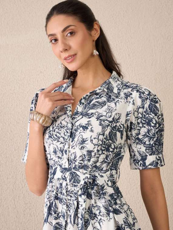 women printed puff sleeve collared tiered dress - 22231464 -  Standard Image - 3