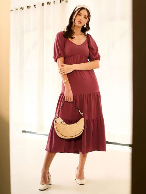 women solid puff sleeve tiered dress