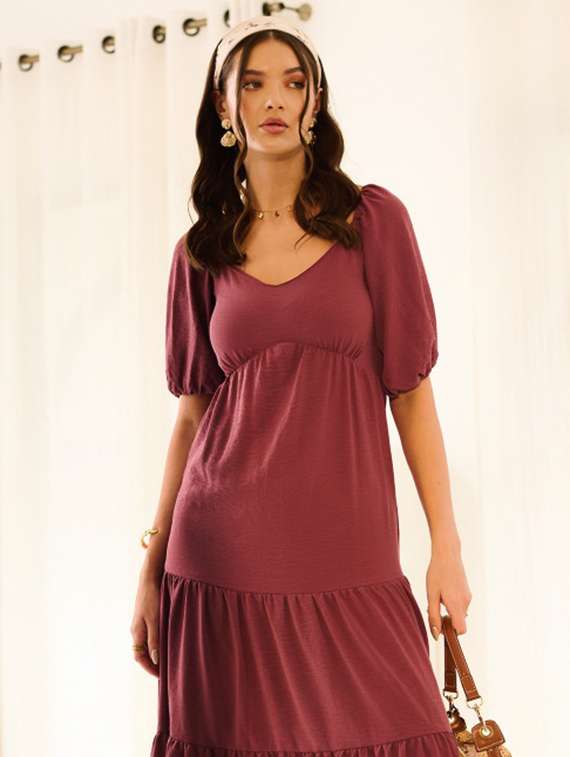 women solid puff sleeve tiered dress - 22231466 -  Standard Image - 5