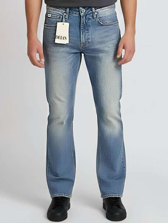 men washed mid rise full length jeans