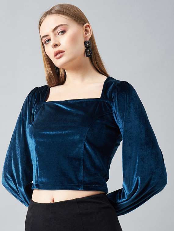 women solid puff sleeve velvet crop top - 22231475 -  Standard Image - 3