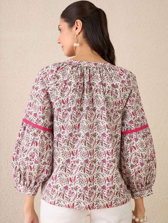 women printed puff sleeve a-line top - 22231477 -  Standard Image - 3