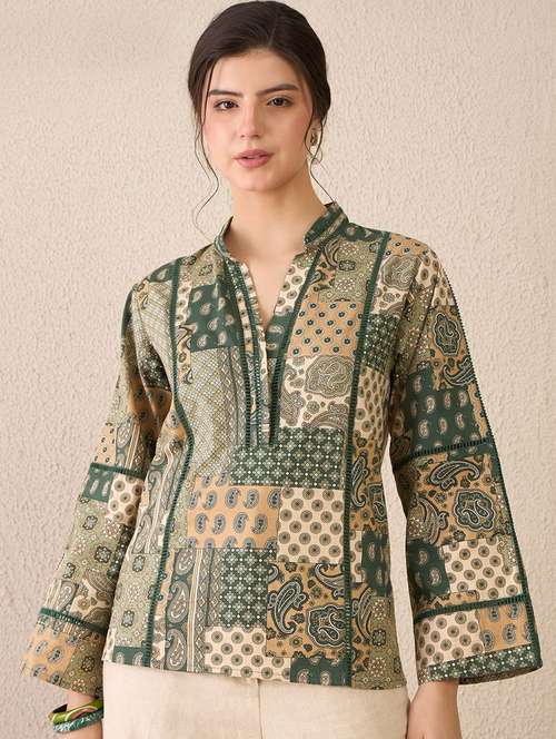 women printed bell sleeve straight top - 22231479 -  Standard Image - 0