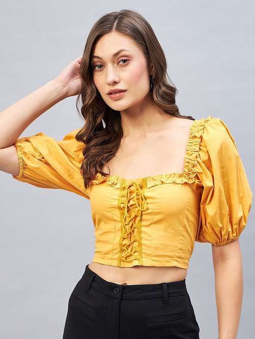women solid puff sleeve crop top - 22231480 -  Standard Image - 0