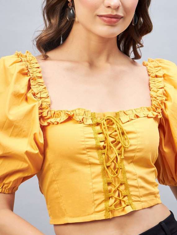 women solid puff sleeve crop top - 22231480 -  Standard Image - 5