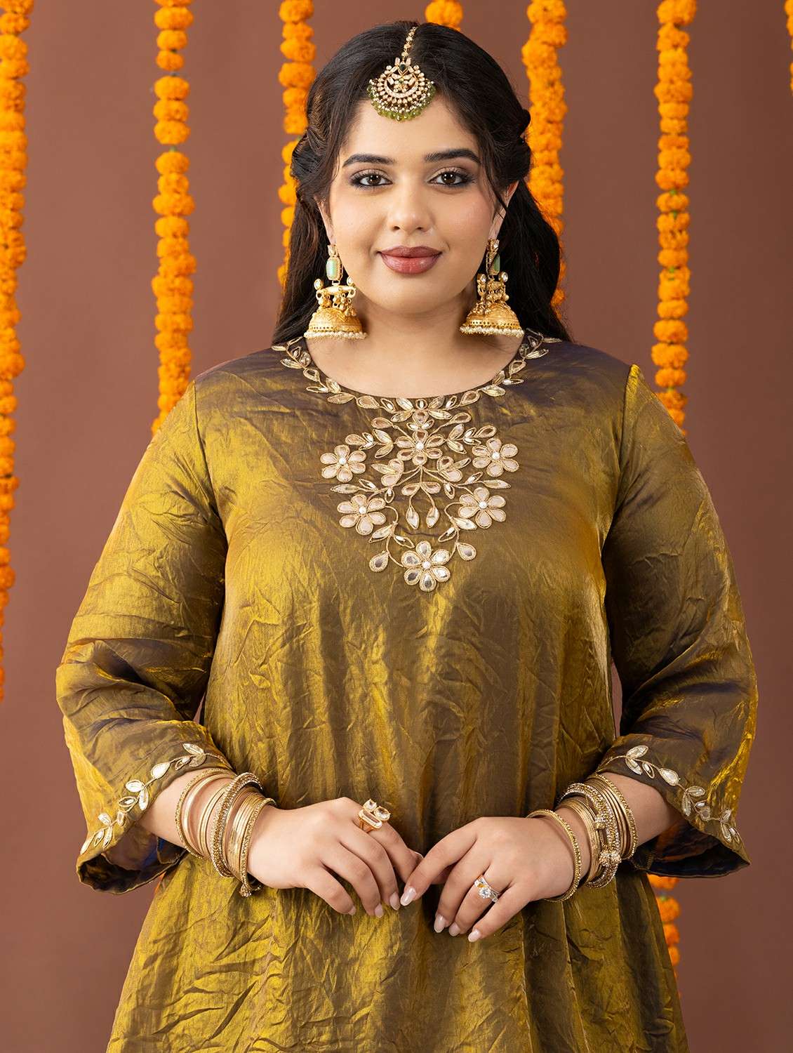 women plus size solid with work three quarter sleeve kurta palazzo set - 22231740 -  Standard Image - 5