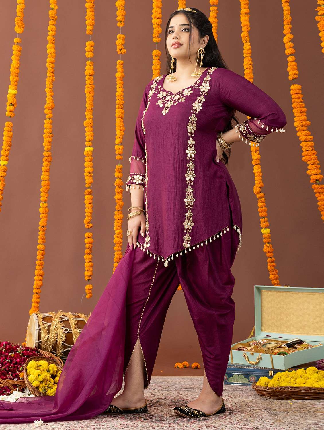 women plus size three quarter sleeve dhoti kurta with dupatta set - 22231743 -  Standard Image - 3