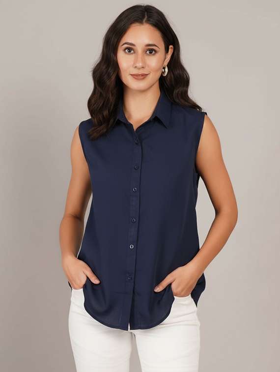 women solid sleeveless regular fit shirt