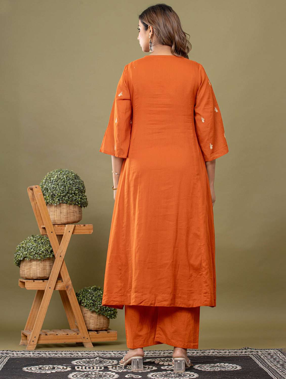 women solid with work three quarter sleeve kurta pant with dupatta set - 22231842 -  Standard Image - 3