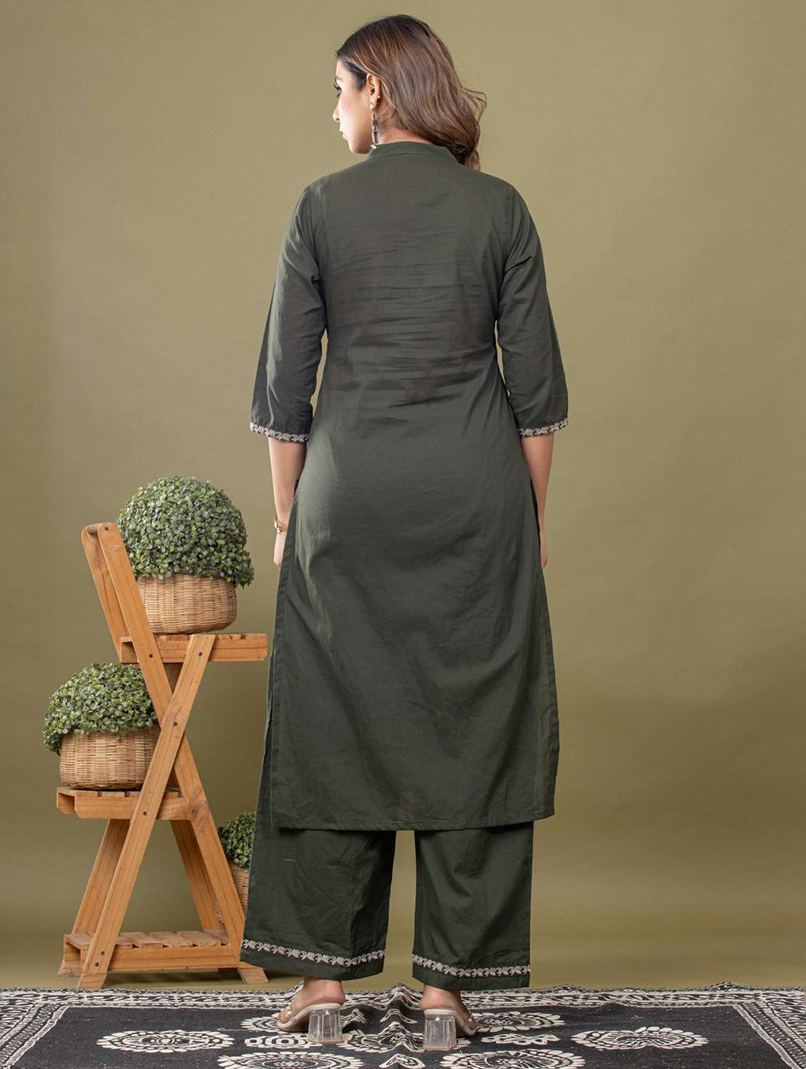 women solid with work three quarter sleeve kurta pant with dupatta set - 22231844 -  Standard Image - 3