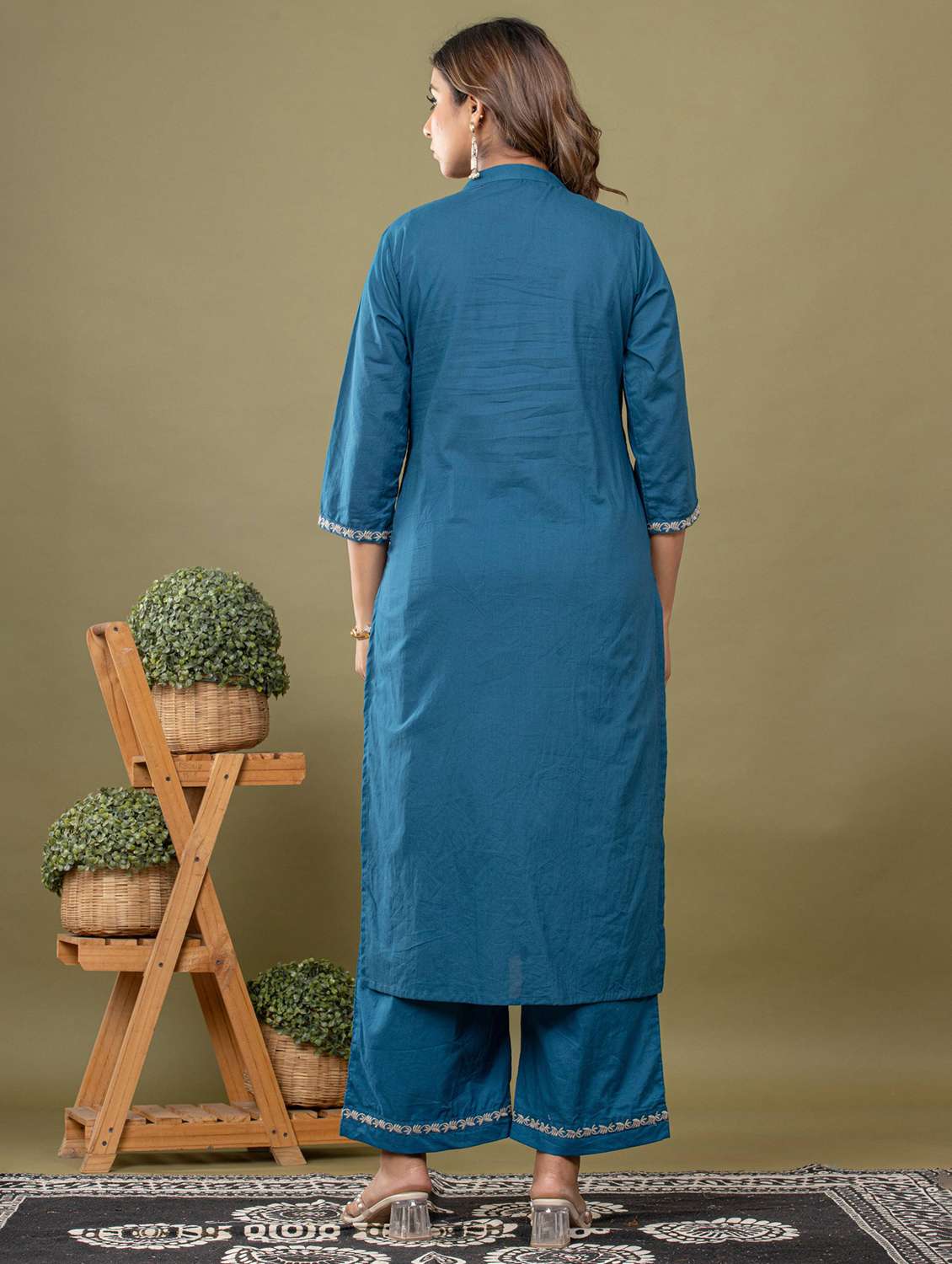 women solid with work three quarter sleeve kurta pant with dupatta set - 22231845 -  Standard Image - 3