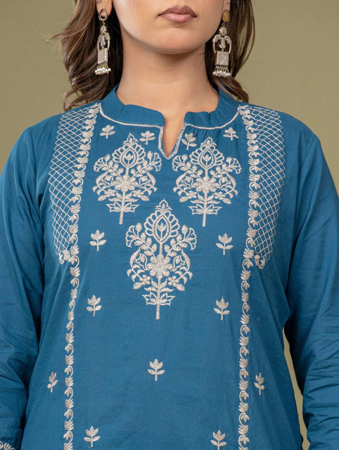 women solid with work three quarter sleeve kurta pant with dupatta set - 22231845 -  Standard Image - 5