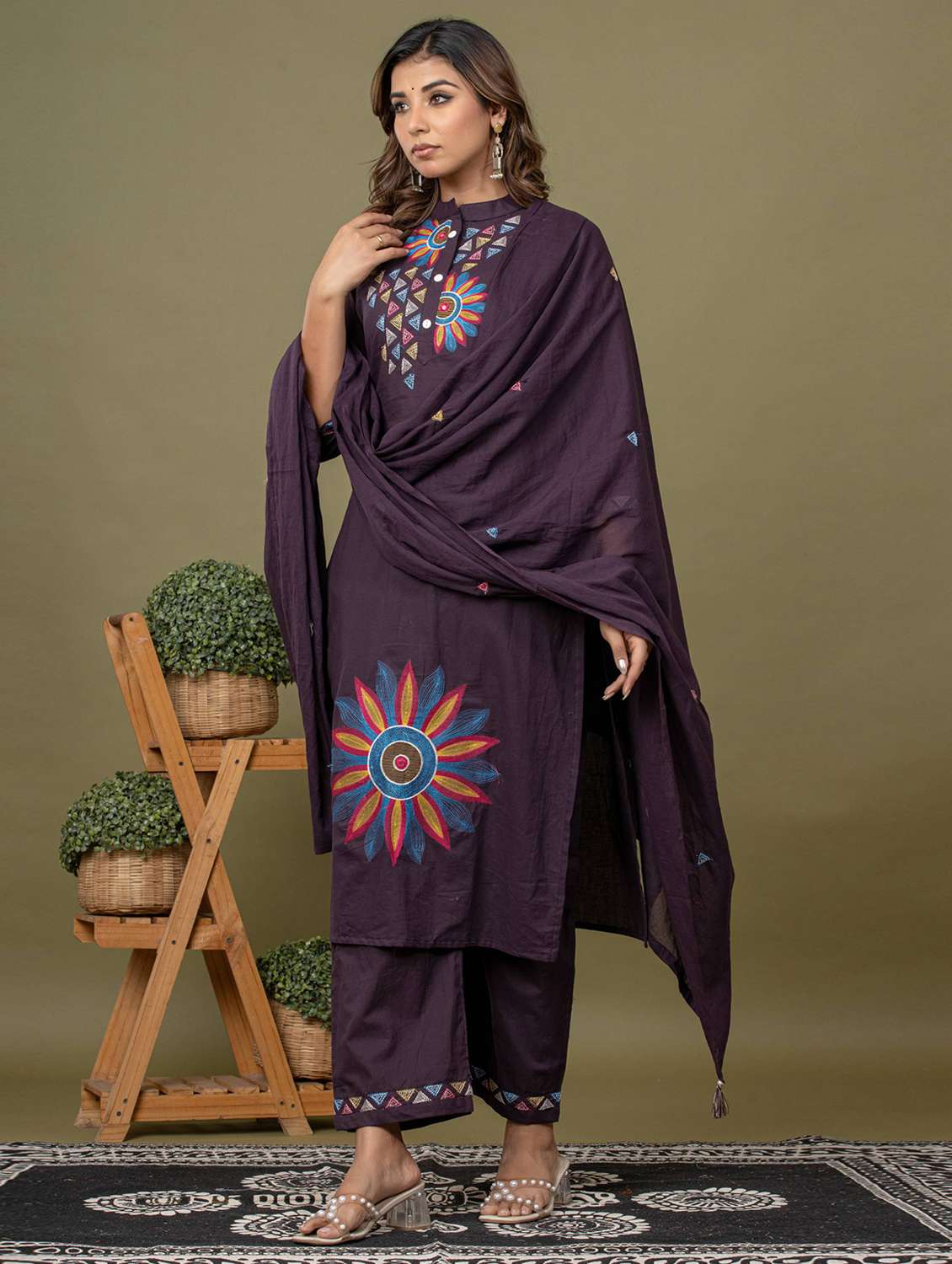 women solid with work three quarter sleeve kurta pant with dupatta set