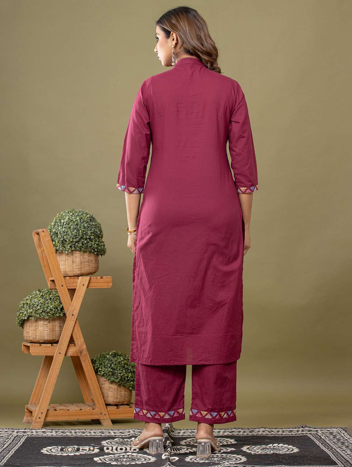 women solid with work three quarter sleeve kurta pant with dupatta set - 22231848 -  Standard Image - 3