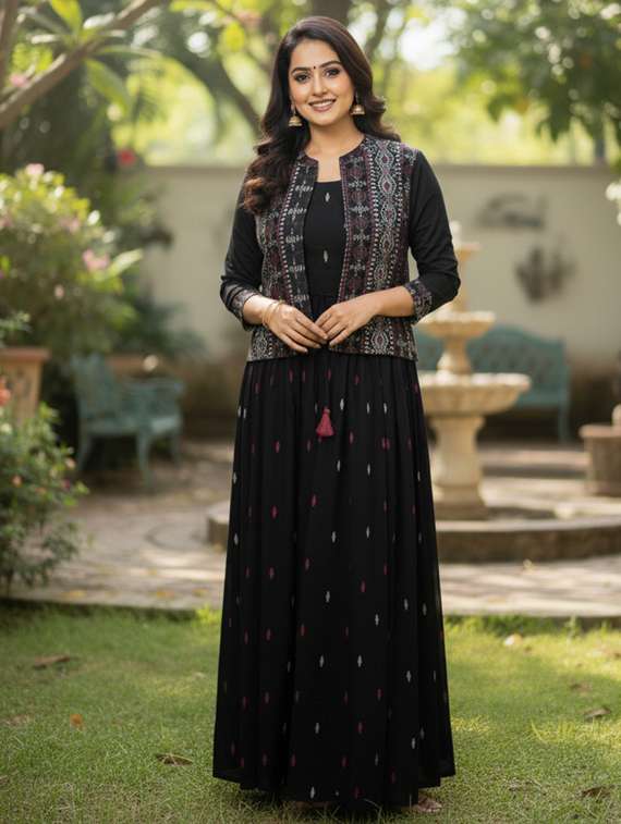 women printed three quarter sleeve flared ethnic dress - 22237868 -  Zoom Image - 0