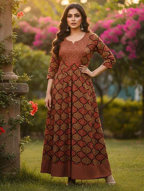 women printed three quarter sleeve flared ethnic dress - 22237869 -  Standard Image - 0