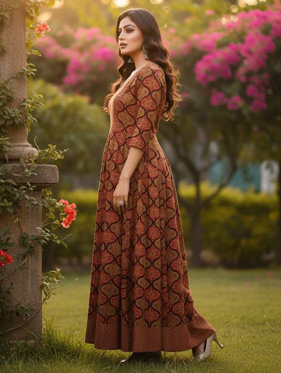 women printed three quarter sleeve flared ethnic dress - 22237869 -  Standard Image - 3