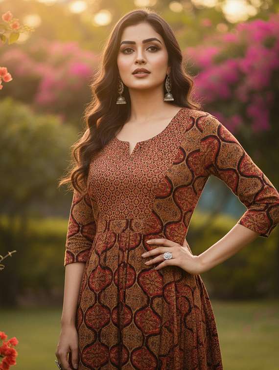 women printed three quarter sleeve flared ethnic dress - 22237869 -  Standard Image - 5