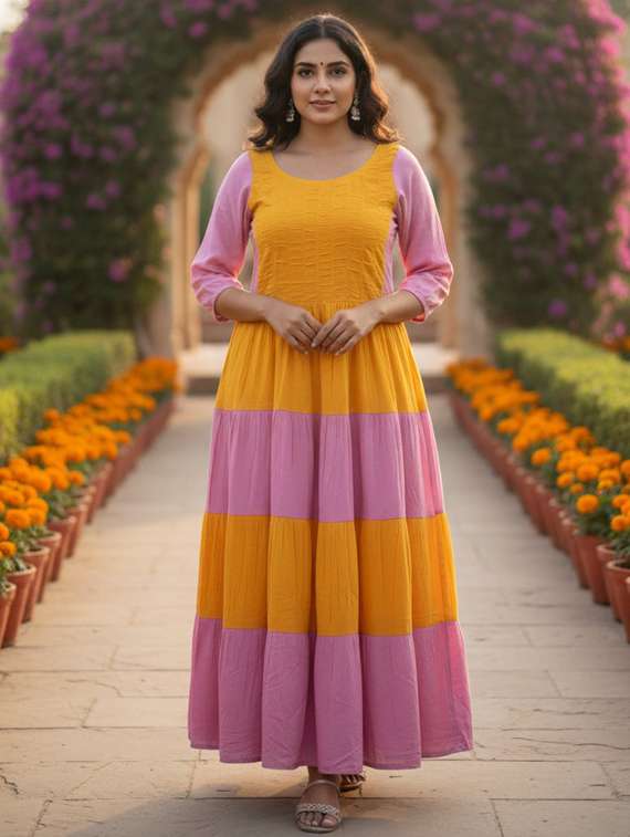 women color block puff sleeve tiered maxi dress - 22237870 -  Zoom Image - 0
