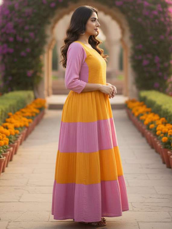 women color block puff sleeve tiered maxi dress - 22237870 -  Standard Image - 3