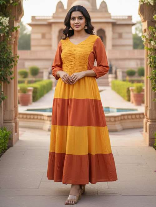 women color block puff sleeve tiered maxi dress - 22237871 -  Standard Image - 0