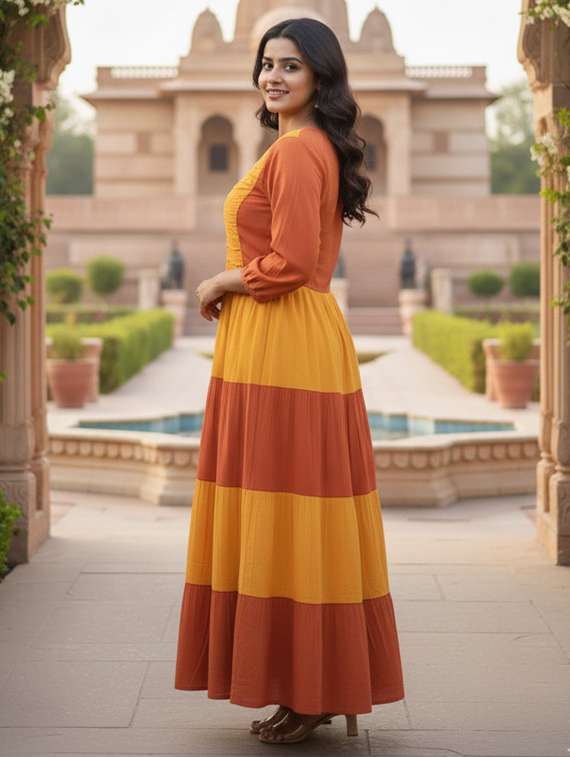 women color block puff sleeve tiered maxi dress - 22237871 -  Standard Image - 3