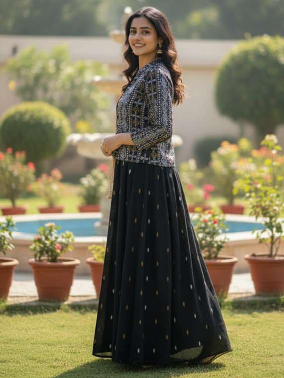 women printed three quarter sleeve flared ethnic dress - 22237873 -  Standard Image - 3