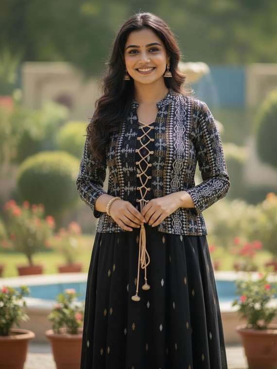 women printed three quarter sleeve flared ethnic dress - 22237873 -  Standard Image - 5