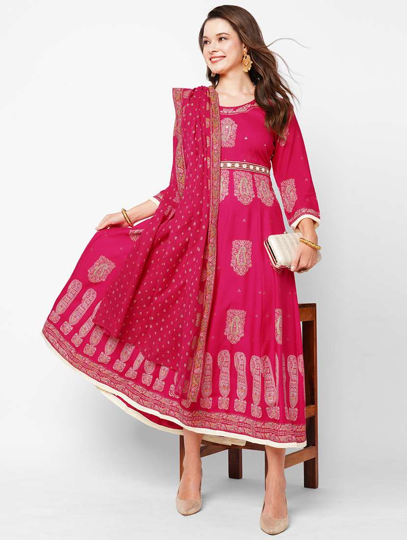 women printed long sleeve kurta dupatta set