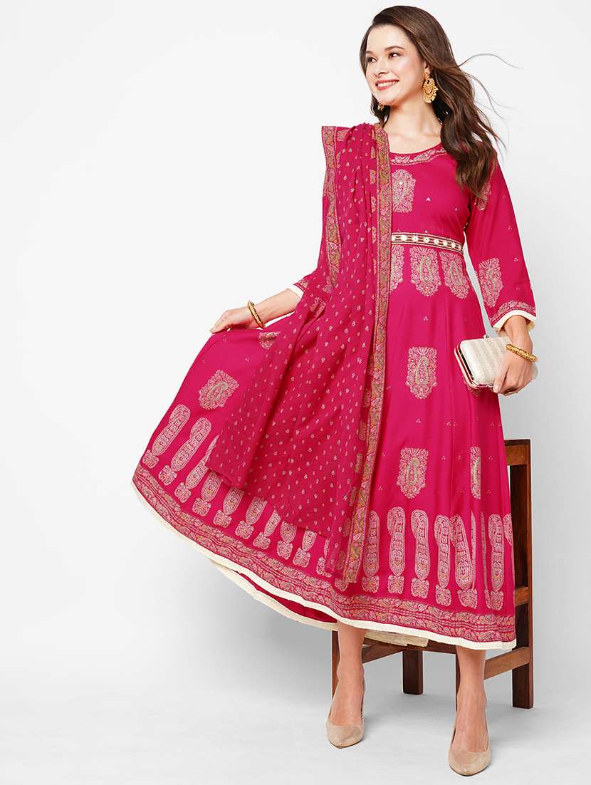 women printed long sleeve kurta dupatta set