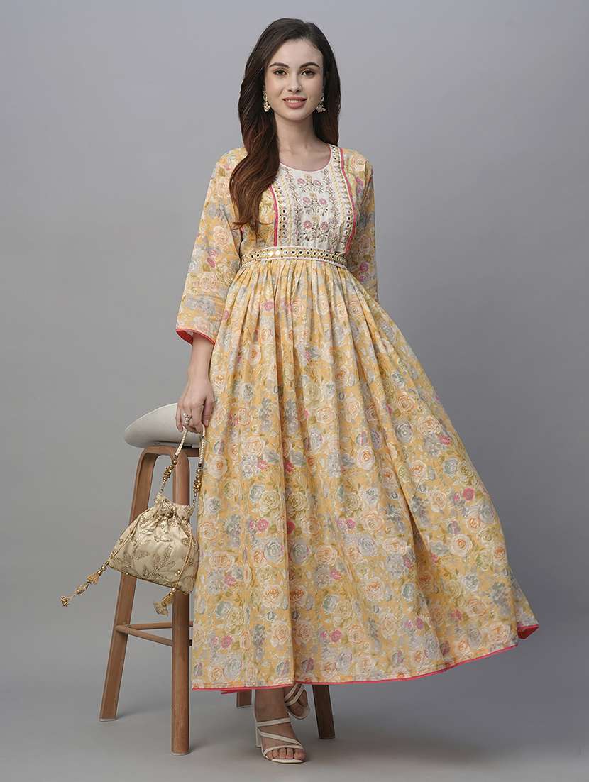 women floral three quarter sleeve fit & flare ethnic dress