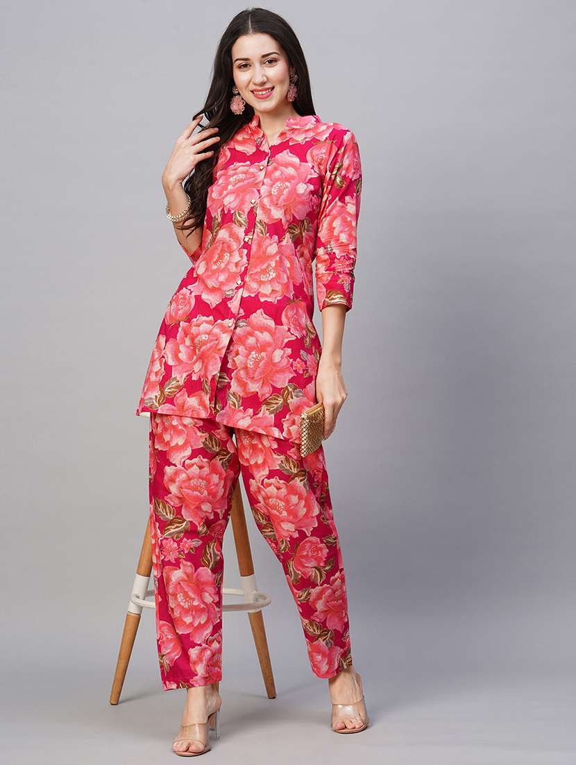 women floral three quarter sleeve ethnic co-ord set