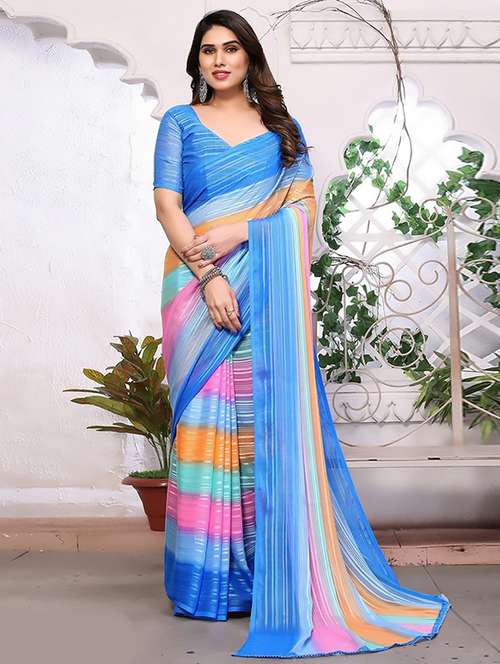 women striped printed saree with blouse - 22237965 -  Standard Image - 0