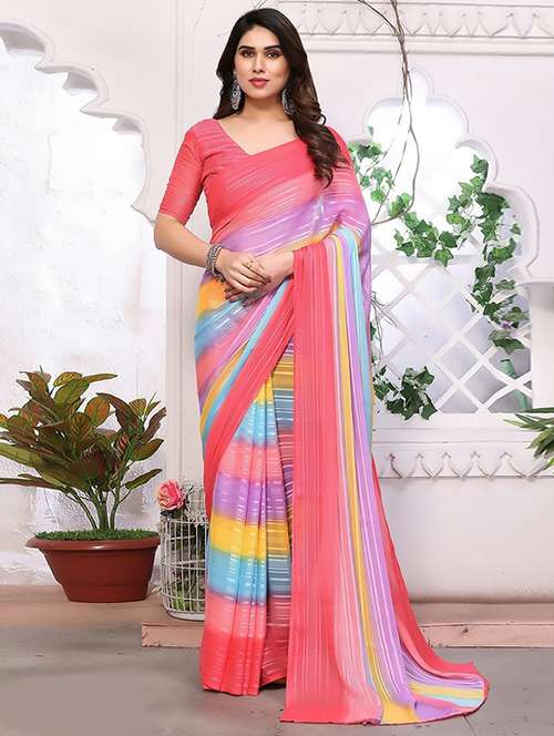 women striped printed saree with blouse - 22237966 -  Standard Image - 0