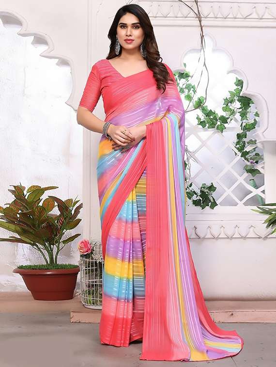 women striped printed saree with blouse