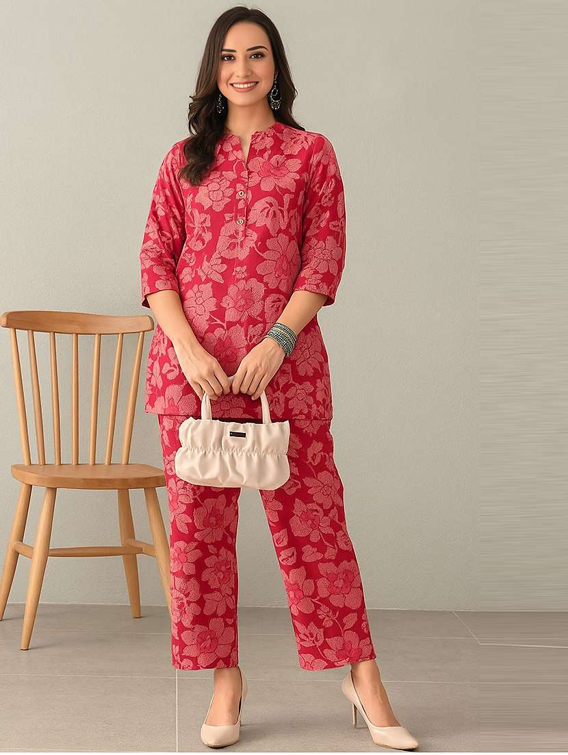 women floral three quarter sleeve ethnic co-ord set