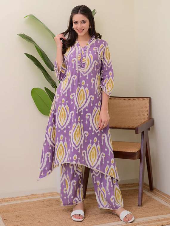 women ikat printed three quarter sleeve kurta pant set