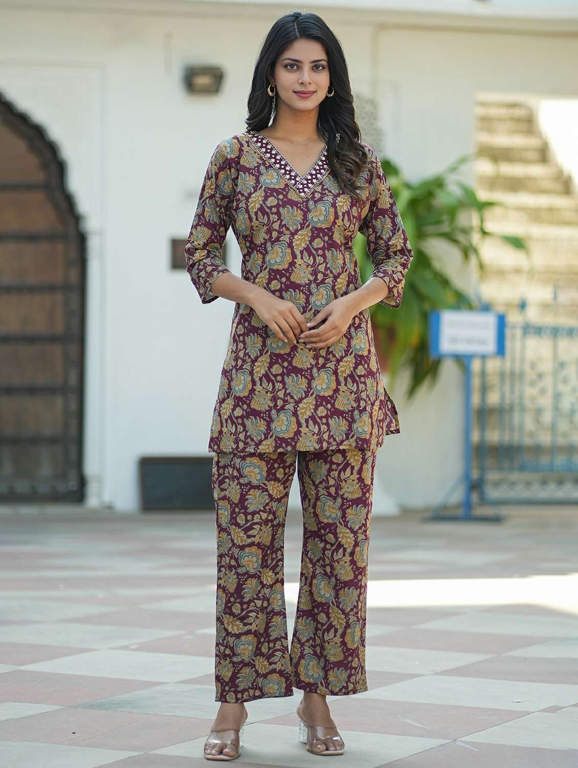 women floral three quarter sleeve ethnic co-ord set