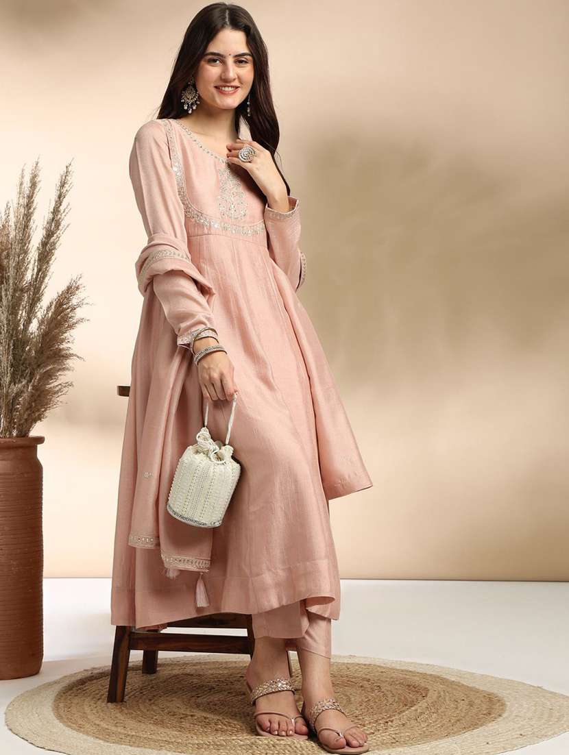 women solid with work long sleeve kurta pant with dupatta set