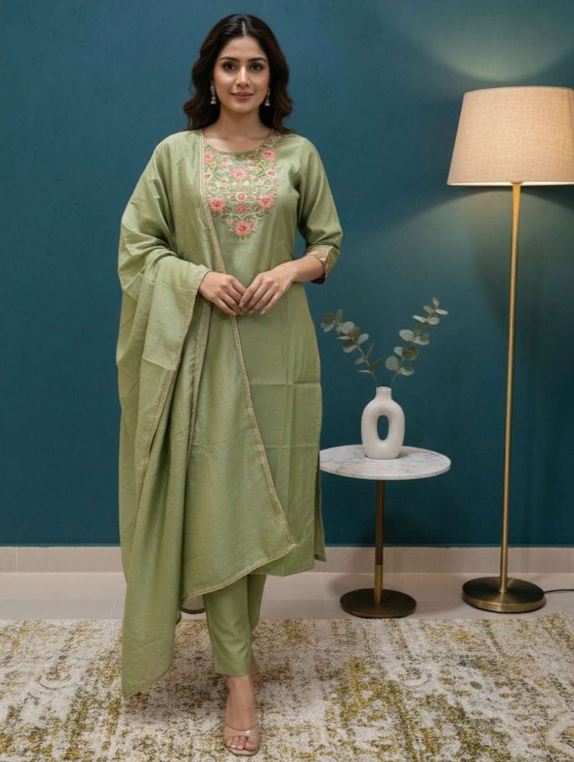 women solid with work three quarter sleeve kurta pant with dupatta set