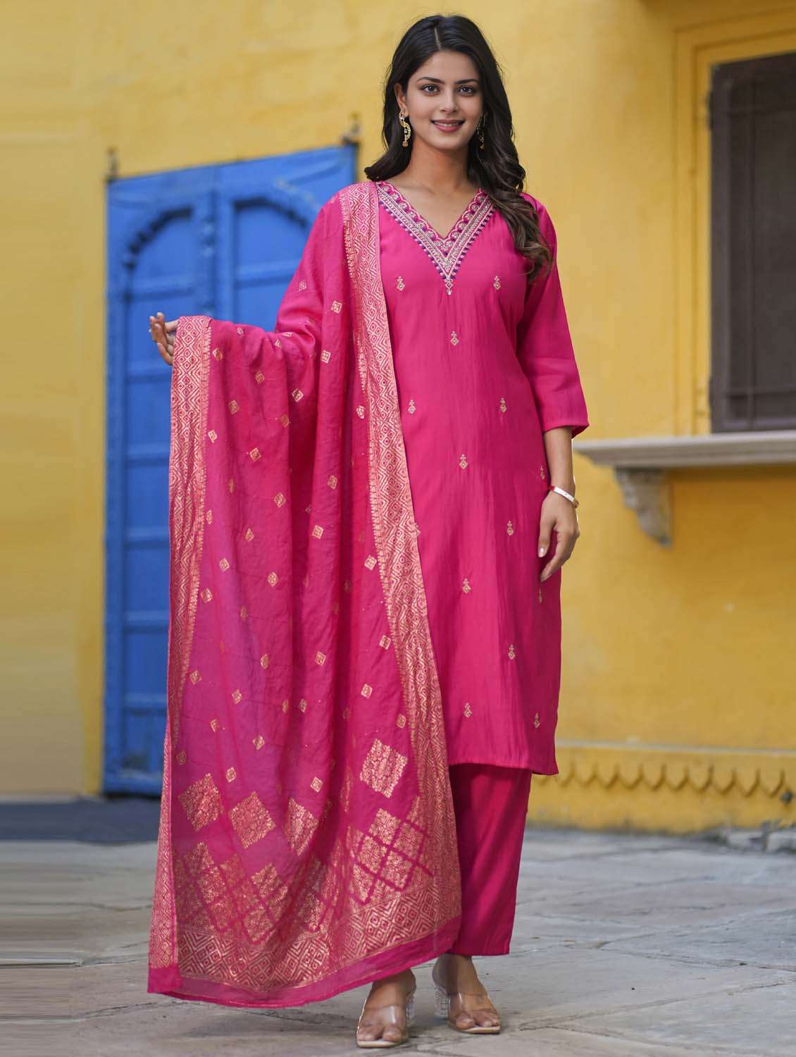 women solid with work three quarter sleeve kurta pant with dupatta set