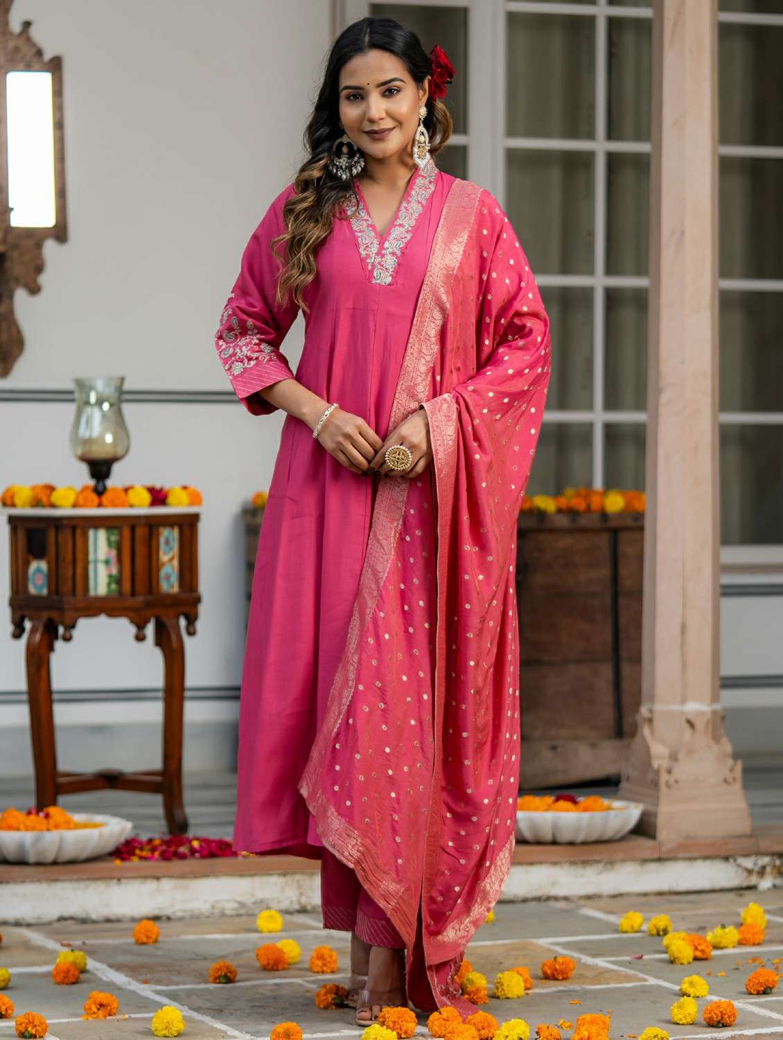 women solid with work three quarter sleeve kurta pant with dupatta set