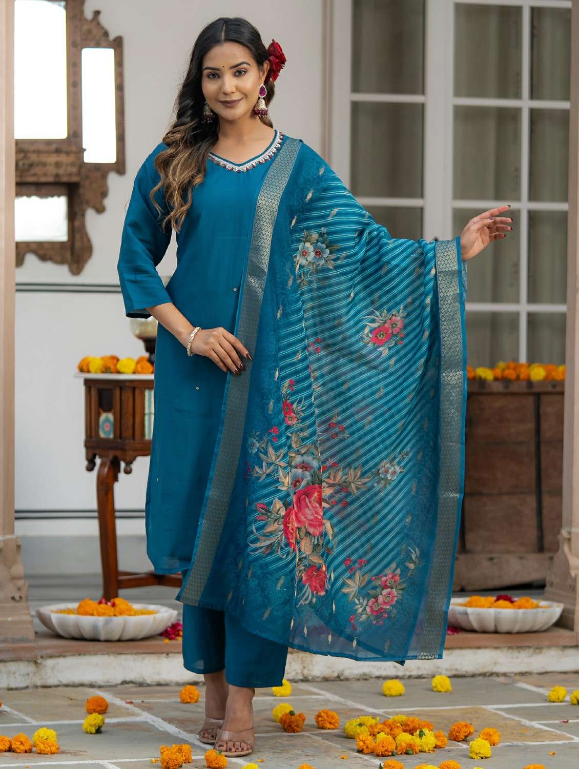 women solid with work three quarter sleeve kurta pant with dupatta set