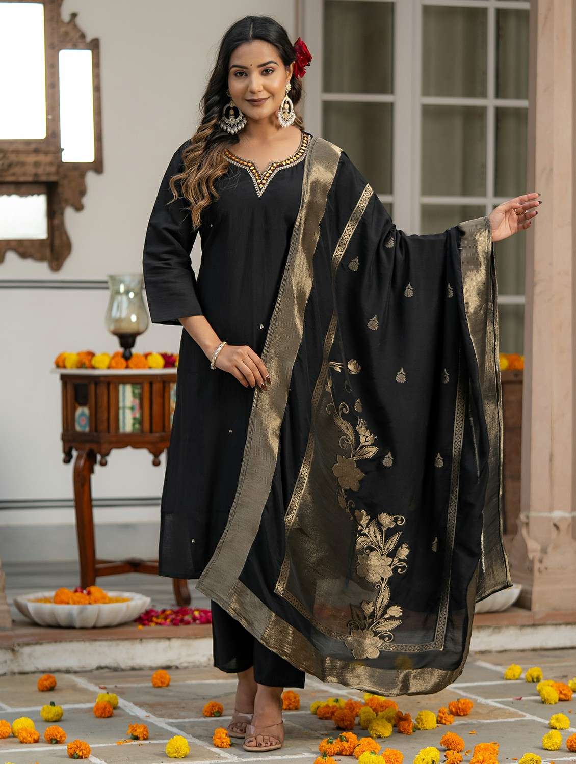 women solid with work three quarter sleeve kurta pant with dupatta set