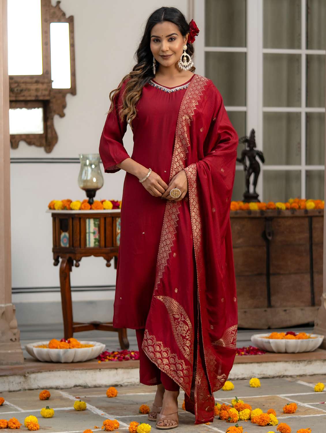 women solid with work three quarter sleeve kurta pant with dupatta set