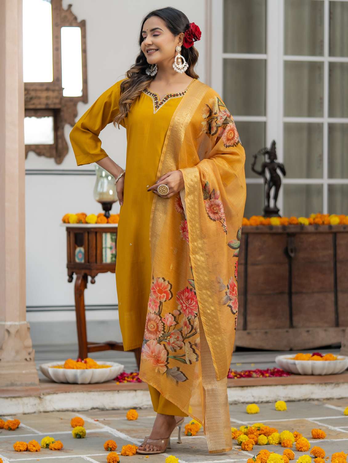 women solid with work three quarter sleeve kurta pant with dupatta set