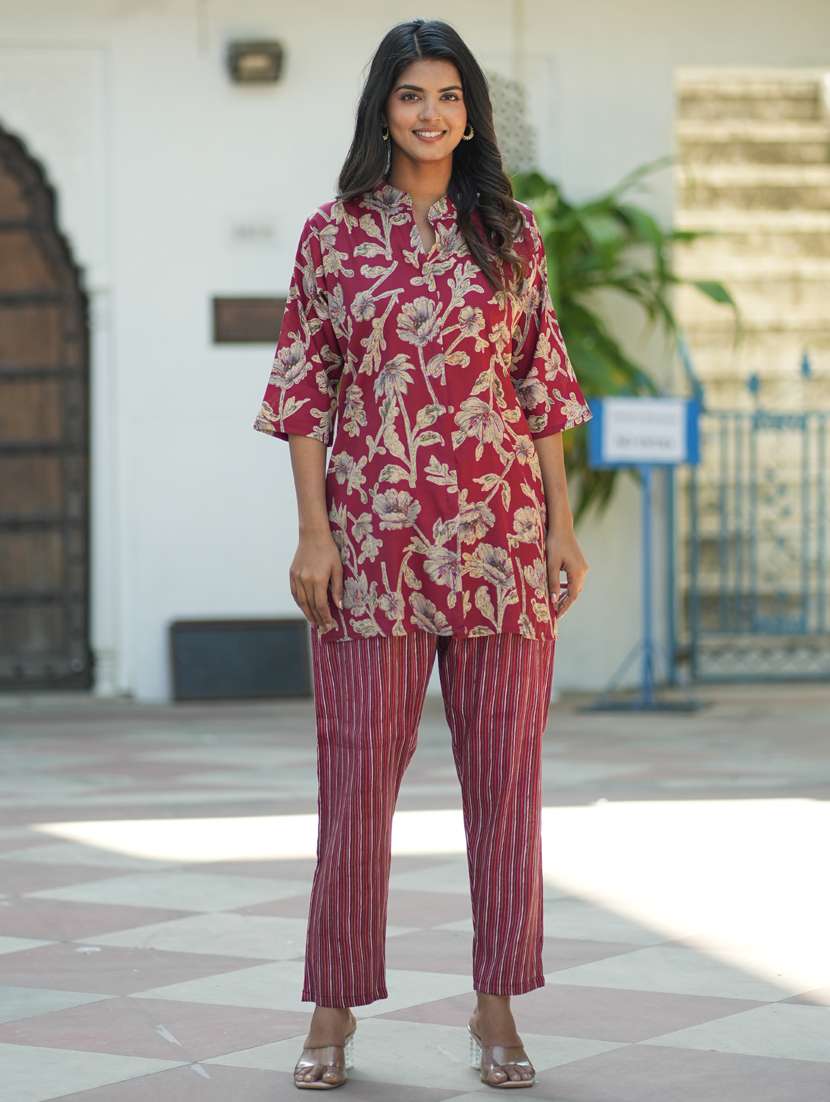 women floral three quarter sleeve ethnic co-ord set